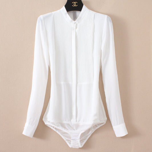 Chic Elegance Stand Collar Organ Pleated Chiffon Shirt Effortlessly Stylish One Piece Design