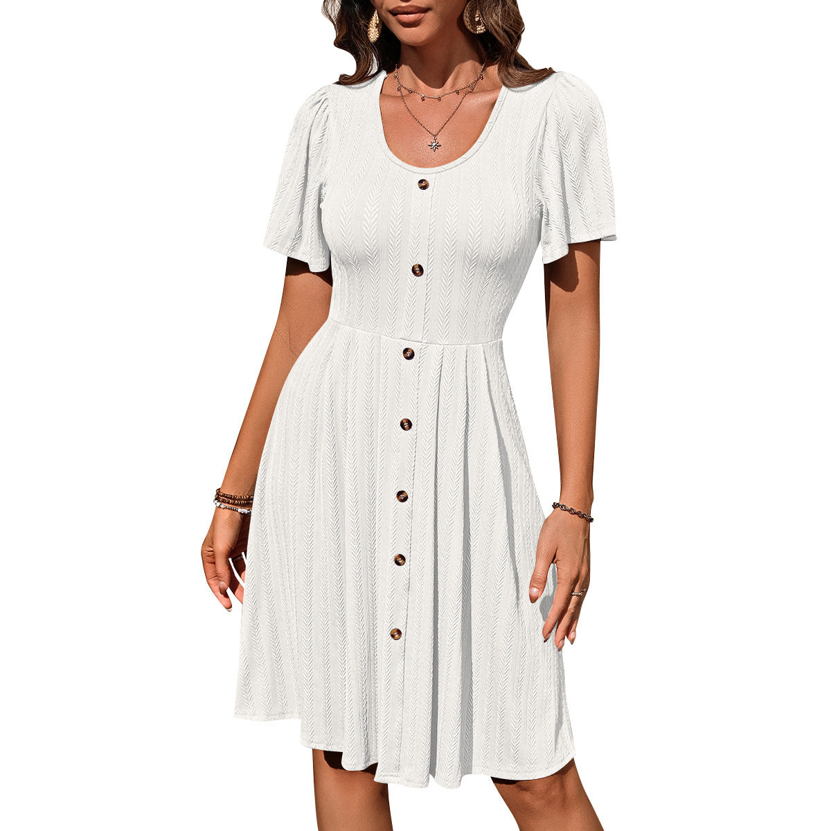 Summer Chic U Neck Short Sleeved Dress with Button Design Fashionable Casual Solid Color Holiday Dress for Women Clothing