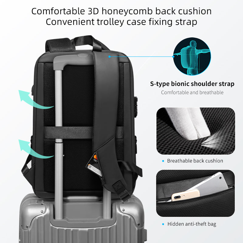 "Newly Designed Men's Business Travel Backpack with Anti-Theft and Waterproof Features, USB Charging Port, and Brand Logo"