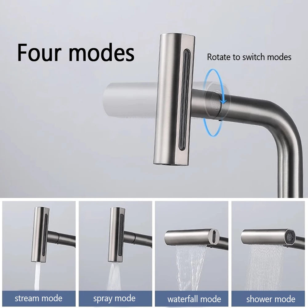 Waterfall Kitchen Faucet Pull out Stream Sprayer Stainless Steel Hot Cold Single Hole 360 ° Rotation