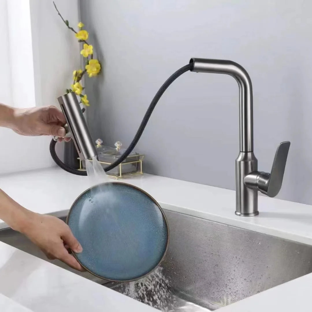 Waterfall Kitchen Faucet Pull out Stream Sprayer Stainless Steel Hot Cold Single Hole 360 ° Rotation