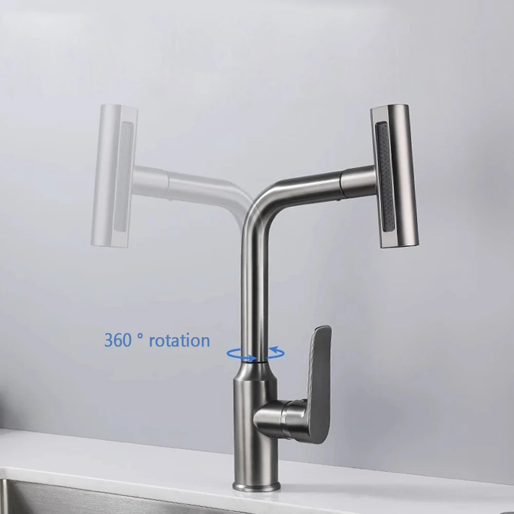 Waterfall Kitchen Faucet Pull out Stream Sprayer Stainless Steel Hot Cold Single Hole 360 ° Rotation