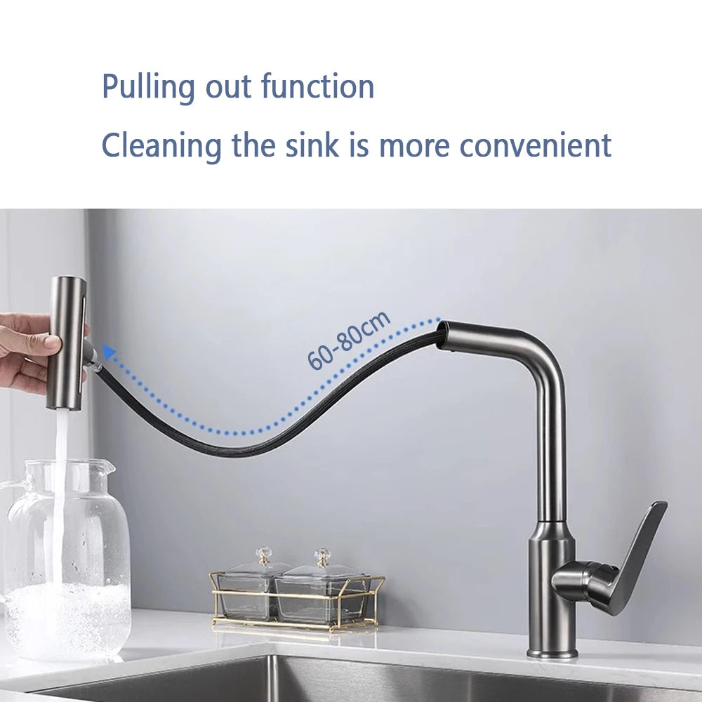 Waterfall Kitchen Faucet Pull out Stream Sprayer Stainless Steel Hot Cold Single Hole 360 ° Rotation