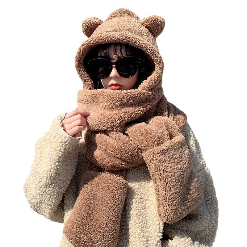 Winter Essentials Bear Hat Plush Scarf and Gloves Set for Women