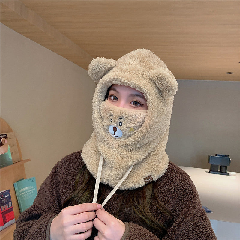 Cute Bear Hat Scarf Integrated Mask Detachable Winter Versatile Ear Protection Warm Plush Hat For Women