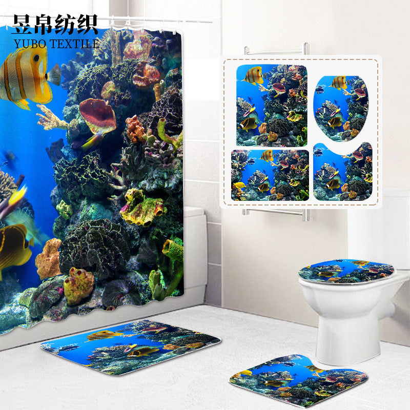 Digital Printing Shower Curtain Floor Mat Set Underwater World Partition Curtain Bathroom Curtain Shower Curtain Customization