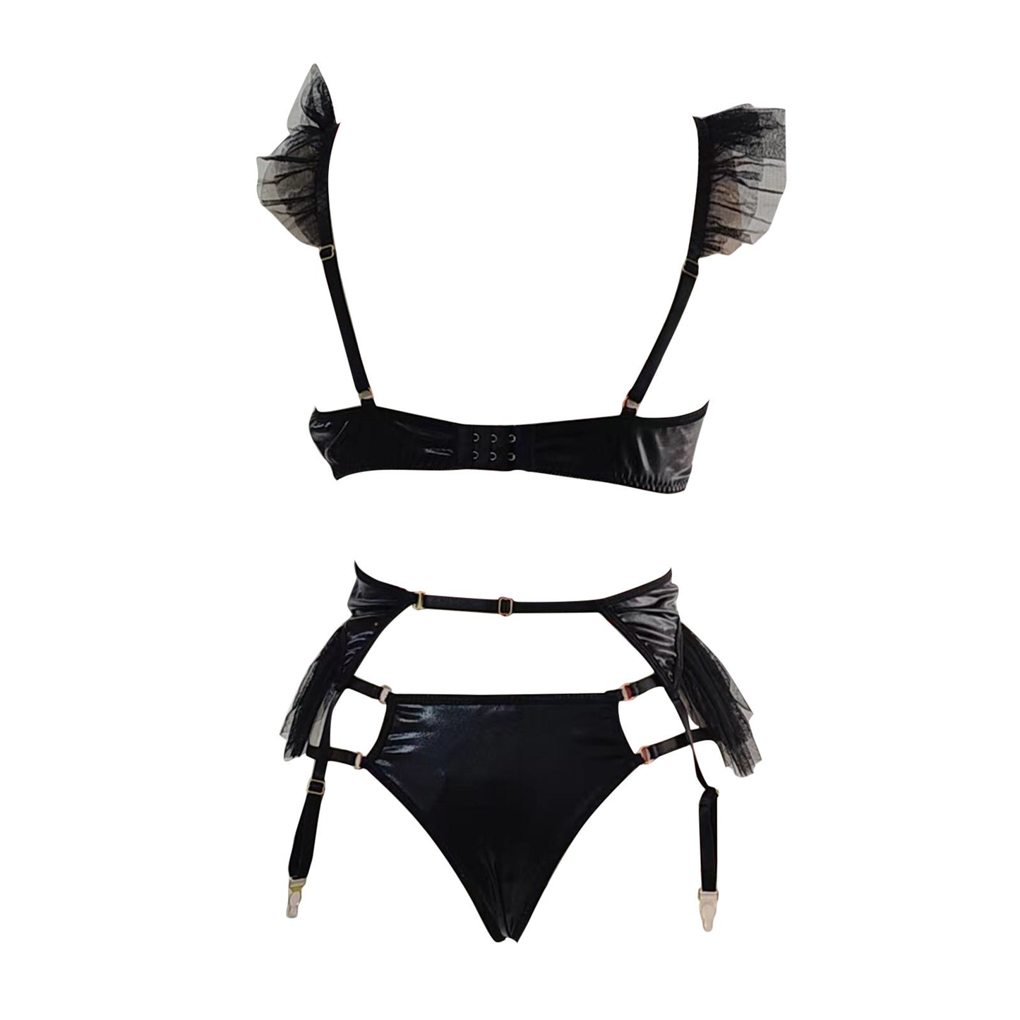 European And American New Sexy Lingerie Sexy Women&#039;s Patent Leather Mesh Garter Belt Three-piece Sexy Suit