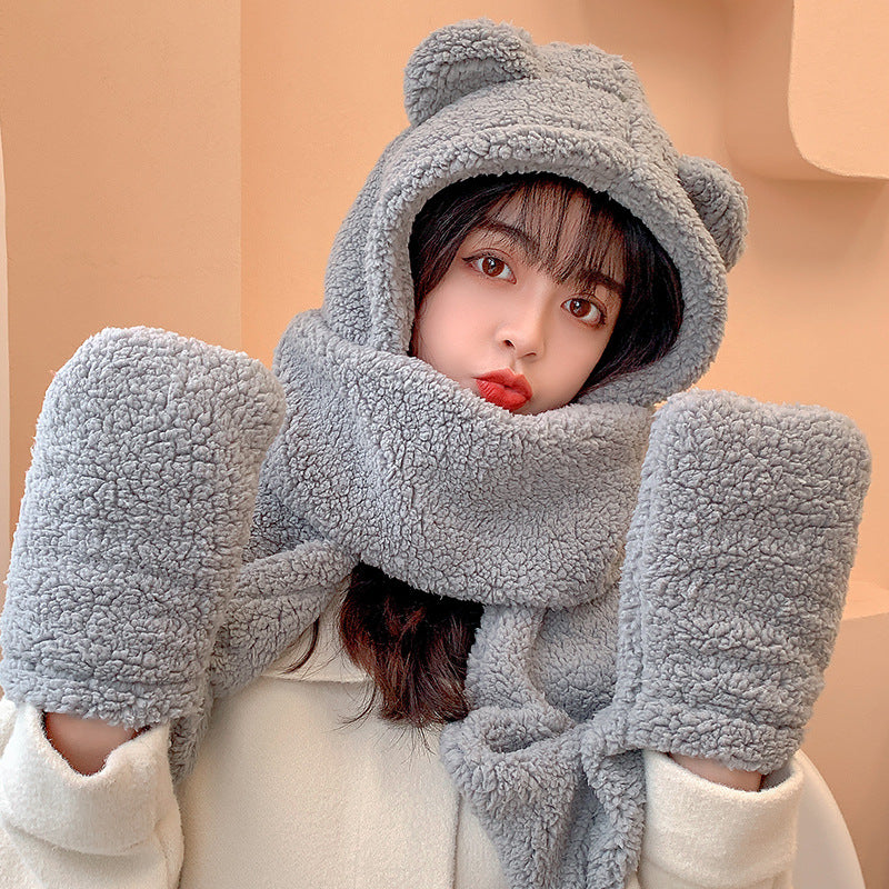 Winter Essentials Bear Hat Plush Scarf and Gloves Set for Women