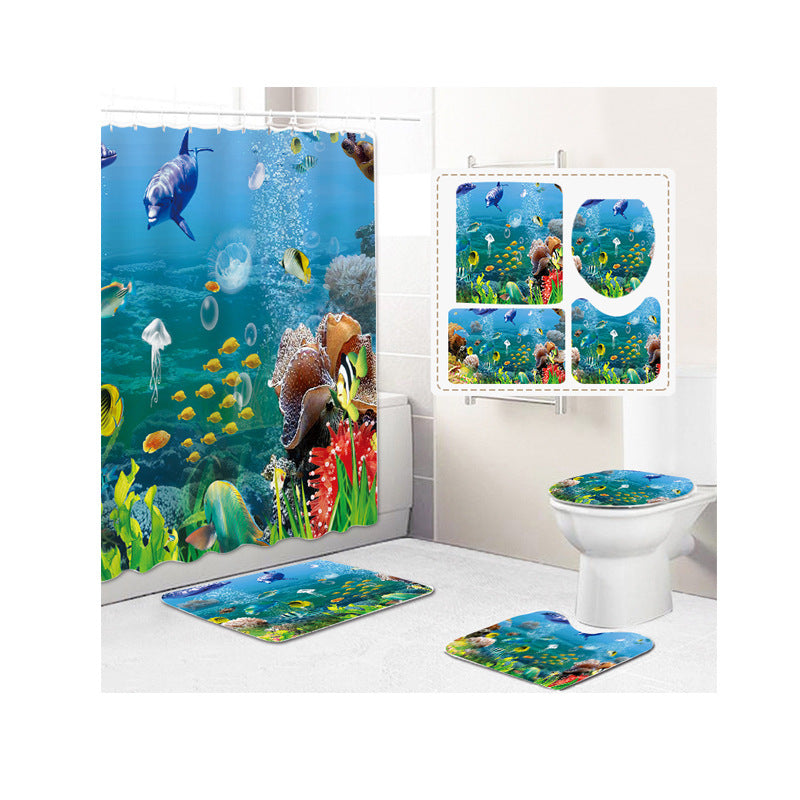 Digital Printing Shower Curtain Floor Mat Set Underwater World Partition Curtain Bathroom Curtain Shower Curtain Customization