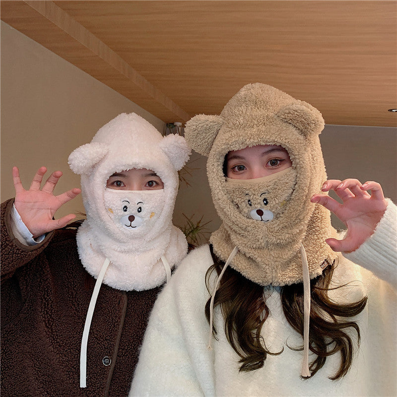 Cute Bear Hat Scarf Integrated Mask Detachable Winter Versatile Ear Protection Warm Plush Hat For Women