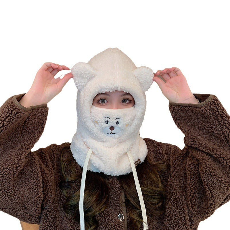 Cute Bear Hat Scarf Integrated Mask Detachable Winter Versatile Ear Protection Warm Plush Hat For Women