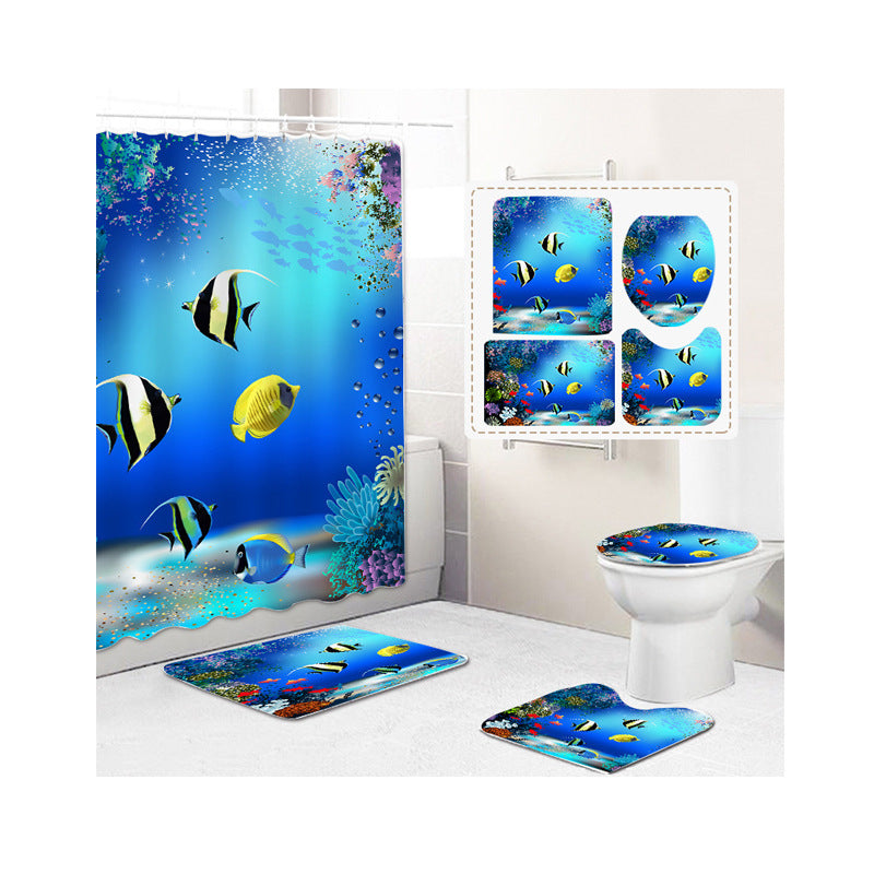 Digital Printing Shower Curtain Floor Mat Set Underwater World Partition Curtain Bathroom Curtain Shower Curtain Customization