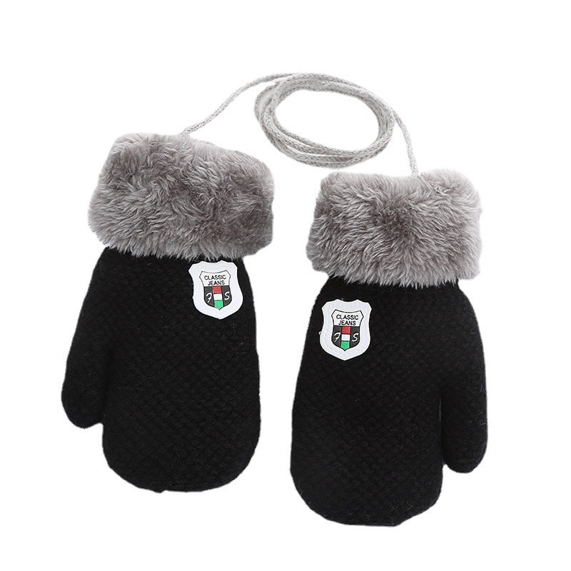 Gloves For 1-4 Years Old Winter Knitted Wool Double-layer Fleece-added Thickened Lanyard To Prevent Children Shield Leather Label