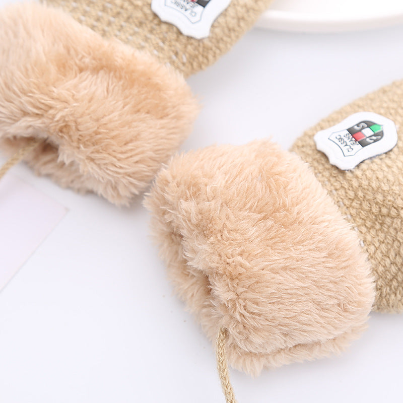 Gloves For 1-4 Years Old Winter Knitted Wool Double-layer Fleece-added Thickened Lanyard To Prevent Children Shield Leather Label