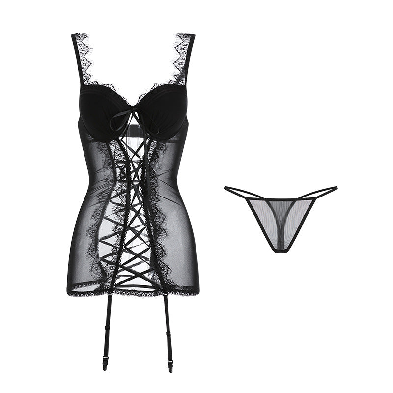 Sexy Mesh Perspective Temptation Strap Hollow Out Plus Chest Pad Suspender Skirt Uniform Suit