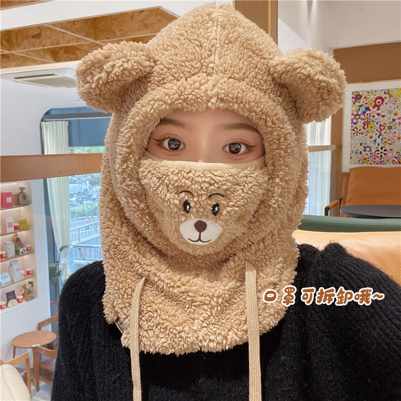 Cute Bear Hat Scarf Integrated Mask Detachable Winter Versatile Ear Protection Warm Plush Hat For Women