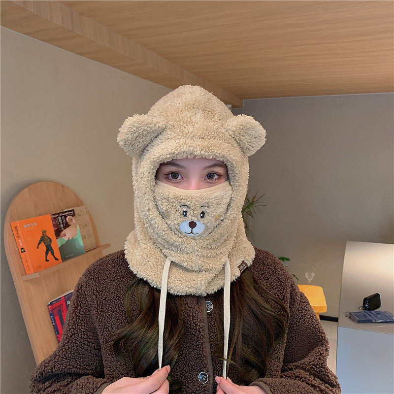 Cute Bear Hat Scarf Integrated Mask Detachable Winter Versatile Ear Protection Warm Plush Hat For Women