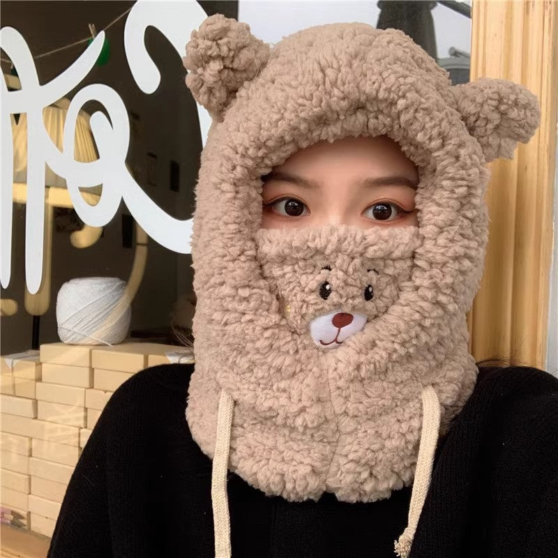 Cute Bear Hat Scarf Integrated Mask Detachable Winter Versatile Ear Protection Warm Plush Hat For Women