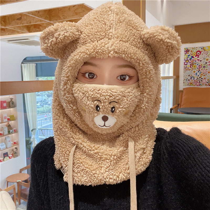 Cute Bear Hat Scarf Integrated Mask Detachable Winter Versatile Ear Protection Warm Plush Hat For Women