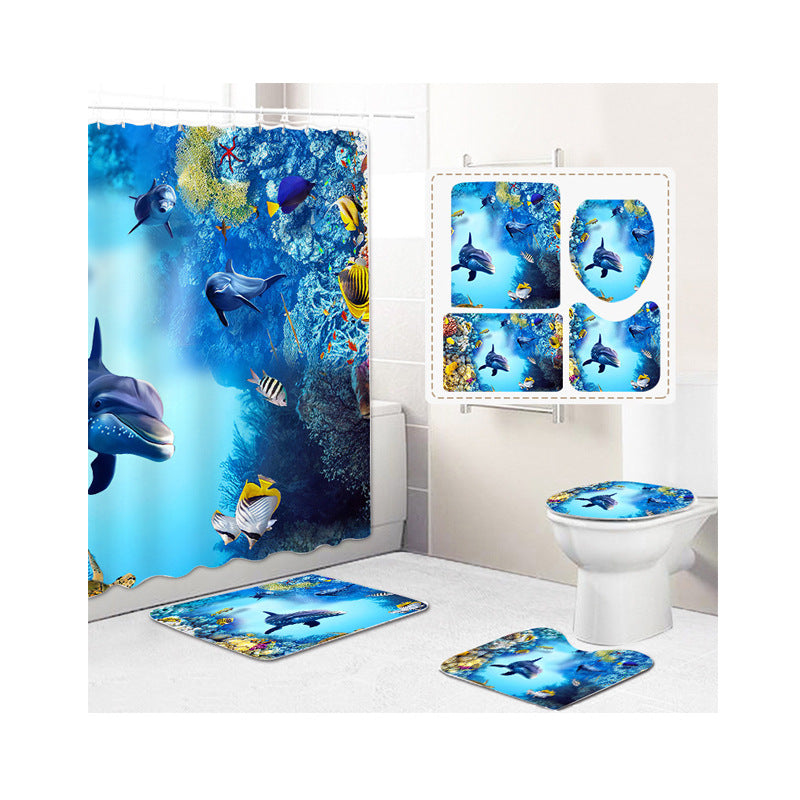 Digital Printing Shower Curtain Floor Mat Set Underwater World Partition Curtain Bathroom Curtain Shower Curtain Customization