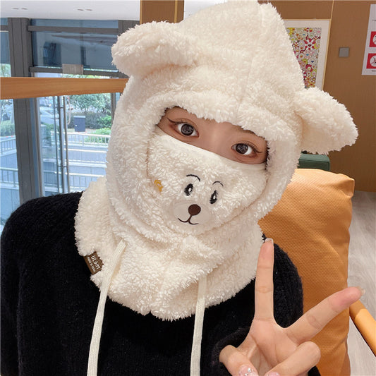 Cute Bear Hat Scarf Integrated Mask Detachable Winter Versatile Ear Protection Warm Plush Hat For Women