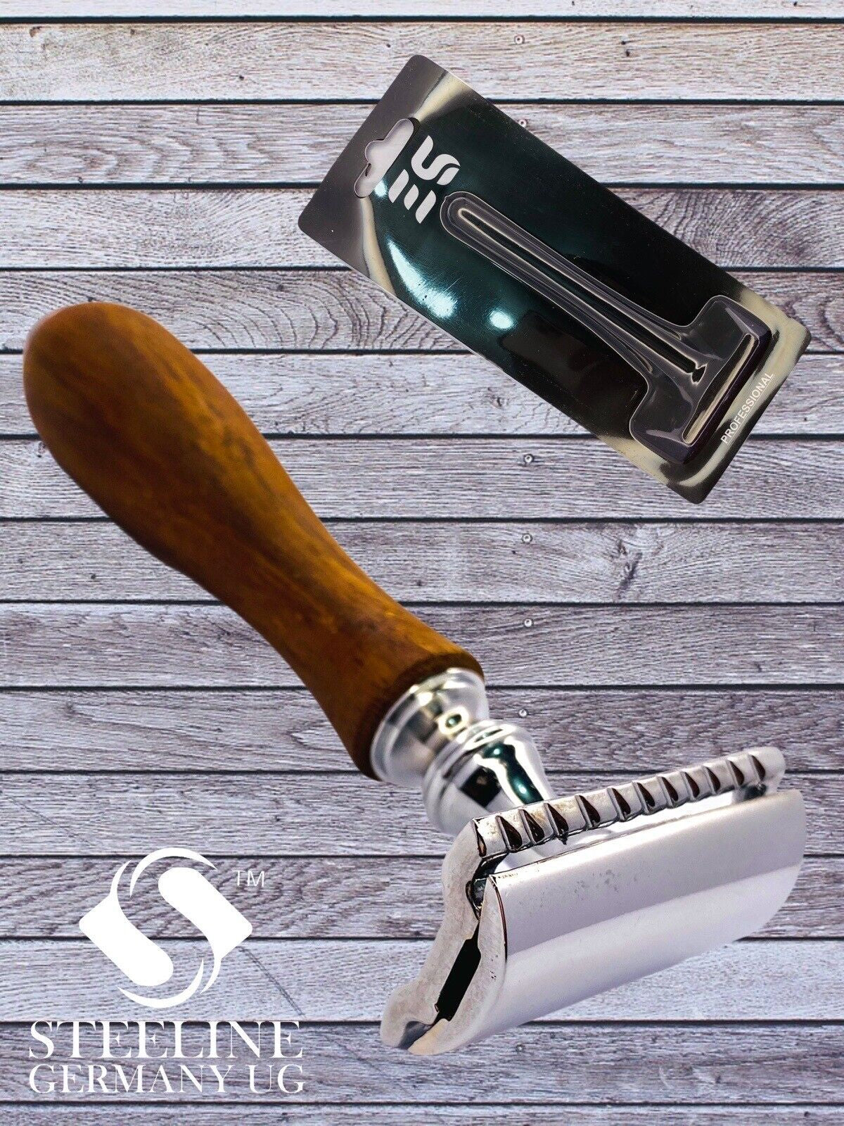 RASOIO SICUREZZA TRE PEZZI PETTINE CHIUSO OMEGA DOUBLE EDGE SAFETY RAZOR WOOD