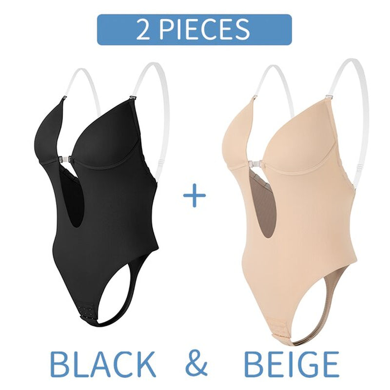 Bodysuit Shapewear Deep V-Neck Body Shaper Backless U Plunge Thong Shapers Waist Trainer Women Clear Strap Padded Push up Corset